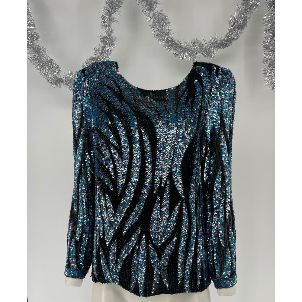 Oleg Cassini Vintage Silk Sequin Beaded Top Teal Silver Black Size M